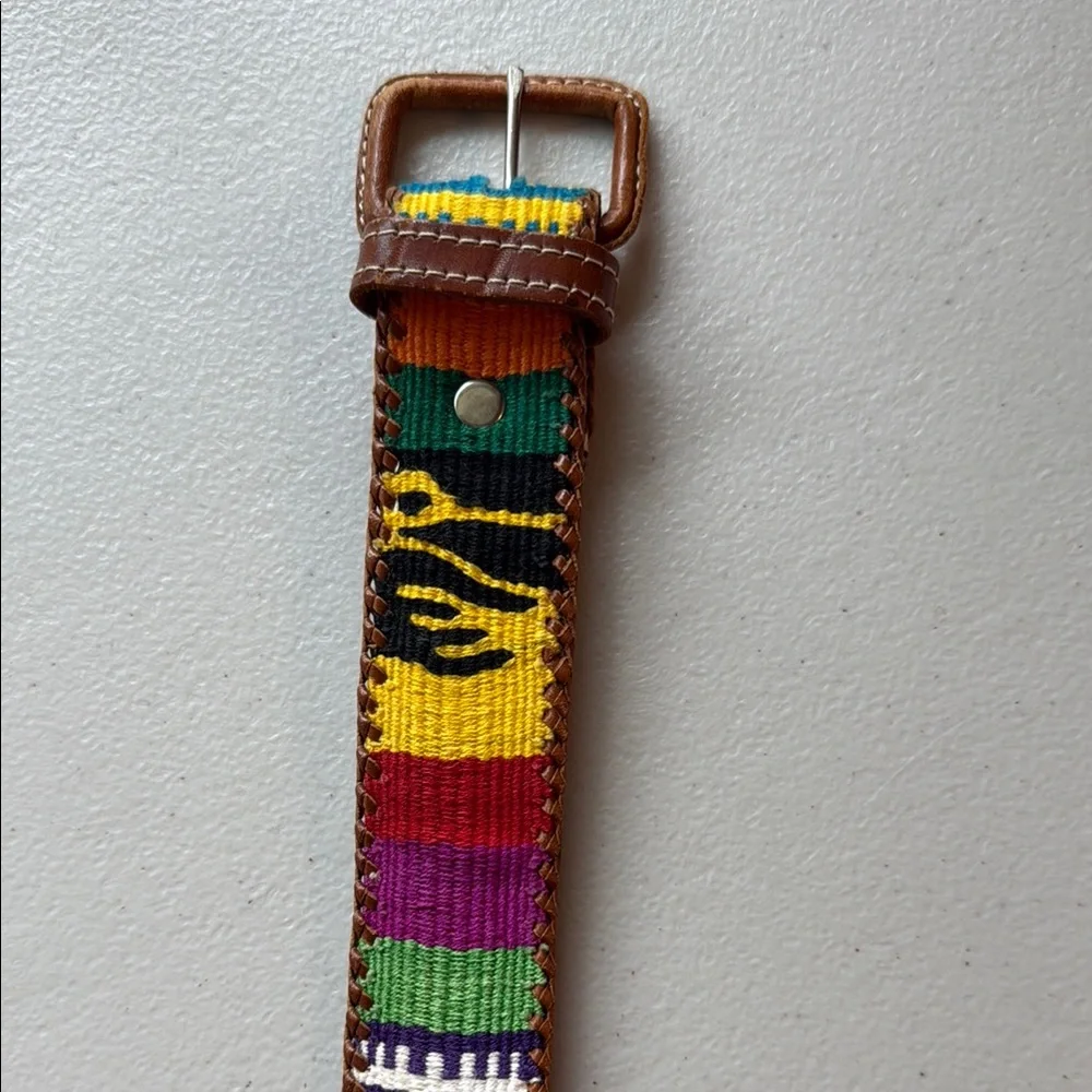 Colorful Woven Strap Belt with Brown Leather Trim handmade Guatemala 37 inches
